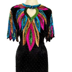 Vintage glass bead dress, peackcock color sequin beaded dress, size small.